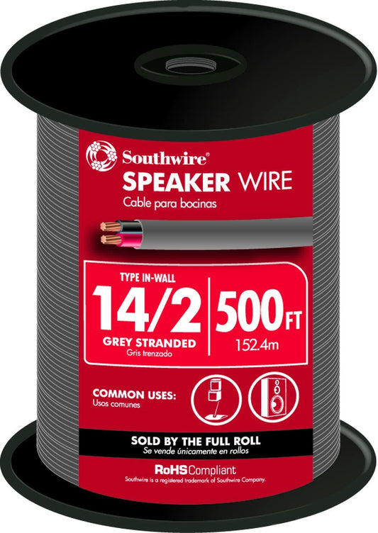 Southwire 56911845 500 ft. 14/2 Grey Stranded CU in-Wall CMR/CL3R Speaker Wire