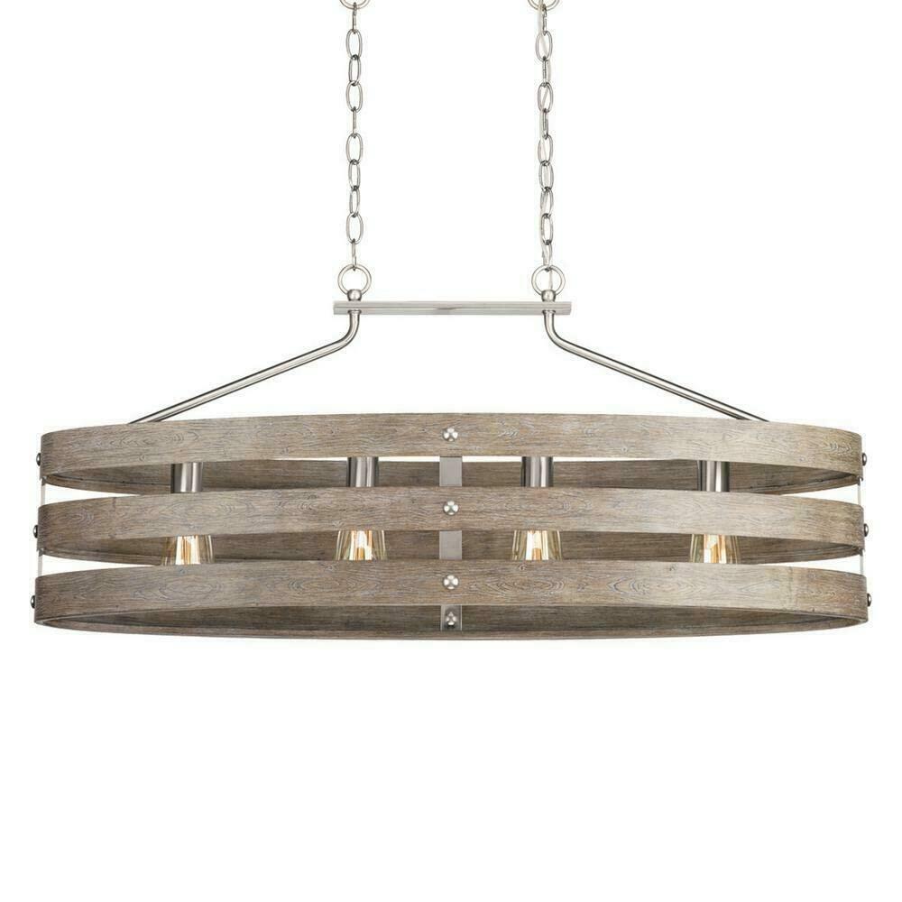 Gulliver 38.5 in. 4-Light Brushed Nickel Farmhouse Linear Island Chandelier with Weathered Gray Wood Accents