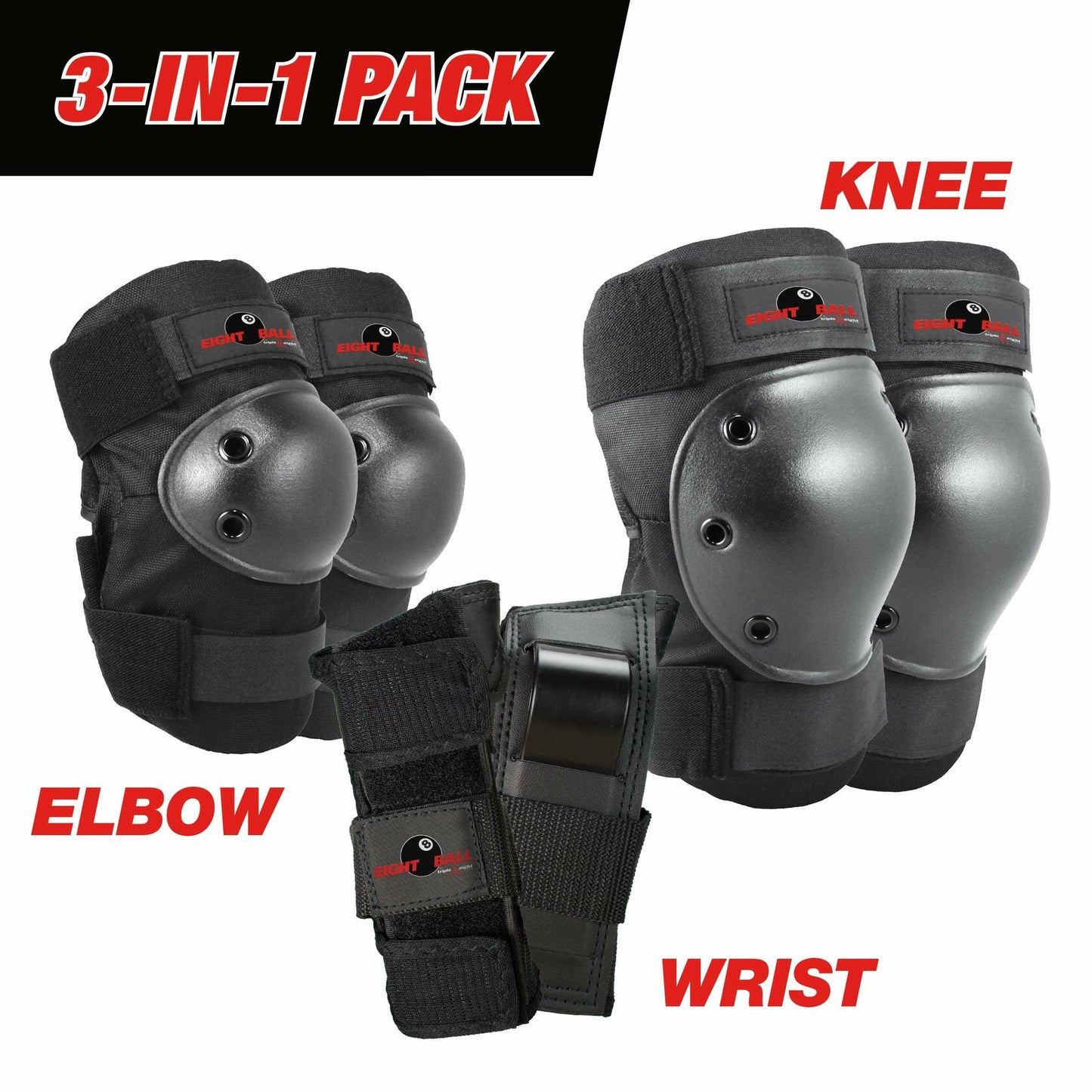 Eight Ball Black Pads, for Bike, Skate, and Scooter, Adult 14+