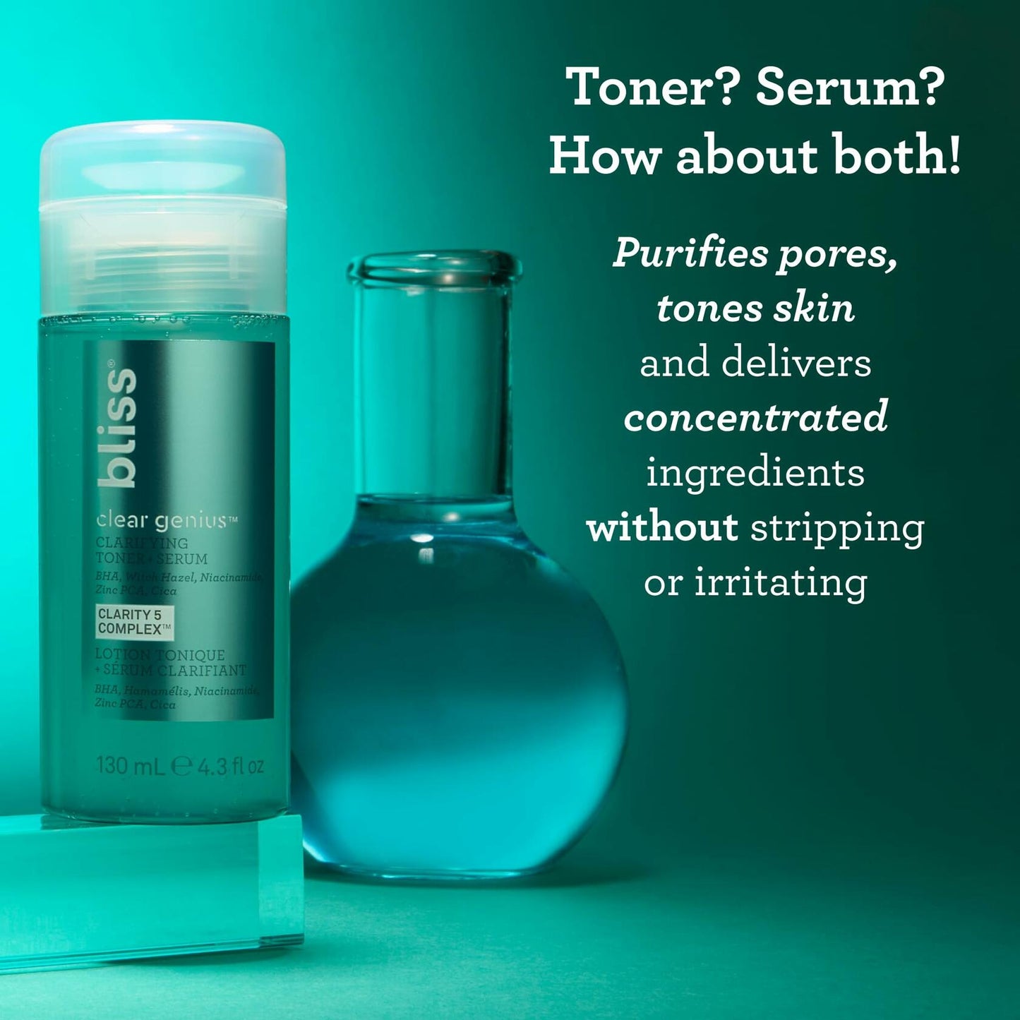 Bliss Clear Genius Clarifying Toner + Serum - 4.3 Fl Oz - Purifies Pores, Tones, Calms & Clears Skin - Salicylic Acid, Niacinamide & Witch Hazel - Clean Paraben Free - Vegan & Cruelty-Free