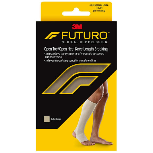 FUTURO Open Toe/Open Heel Knee Length Stocking, Firm Compression (20-30 mm/Hg), For Standing or Sitting All Day, Beige, Large, Unisex, 1 Stocking