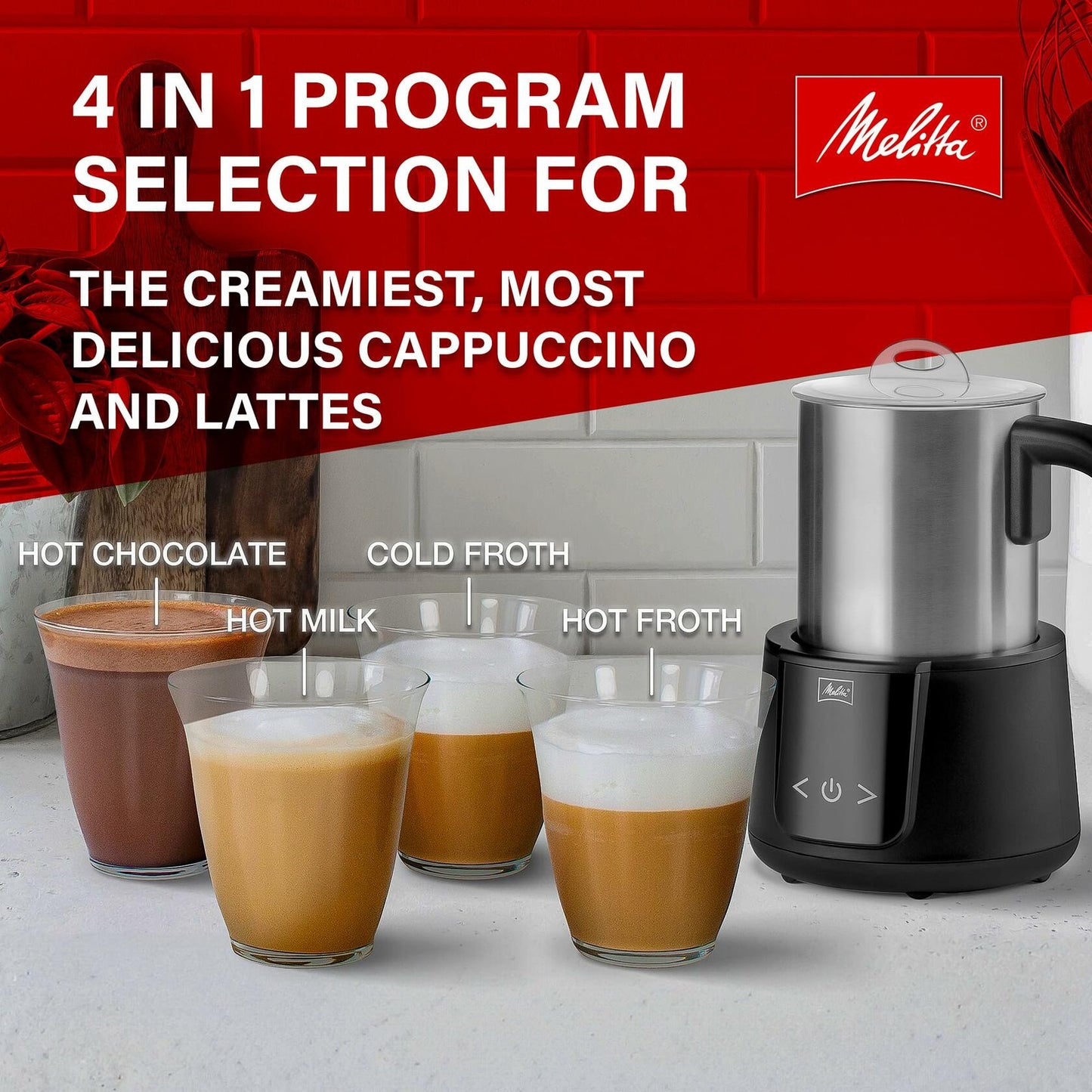 Melitta Montalatte Milk Frother Coffee and Hot Chocolate Stainless Steel Electric Milk Frother