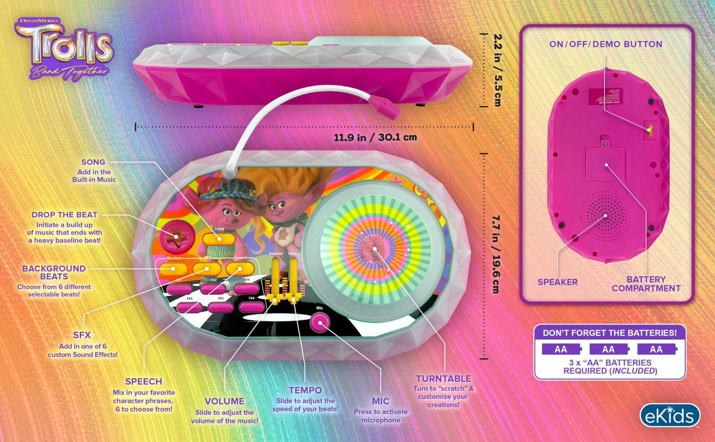eKids Trolls Band Together DJ Party Mixer Turntable Toy with Built in Microphone for Kids, for Fans of Trolls Toys for Girls
