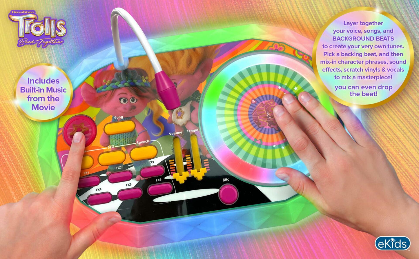 eKids Trolls Band Together DJ Party Mixer Turntable Toy with Built in Microphone for Kids, for Fans of Trolls Toys for Girls