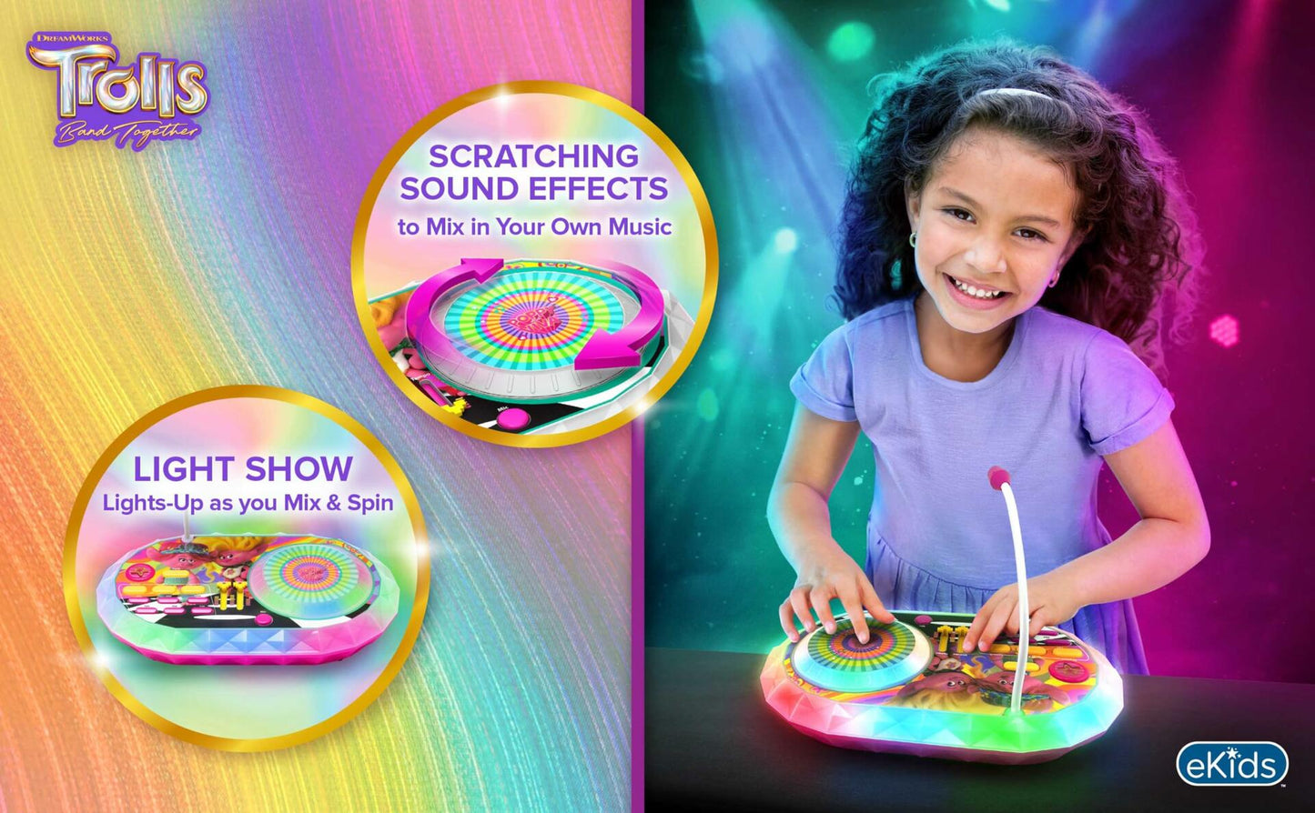 eKids Trolls Band Together DJ Party Mixer Turntable Toy with Built in Microphone for Kids, for Fans of Trolls Toys for Girls