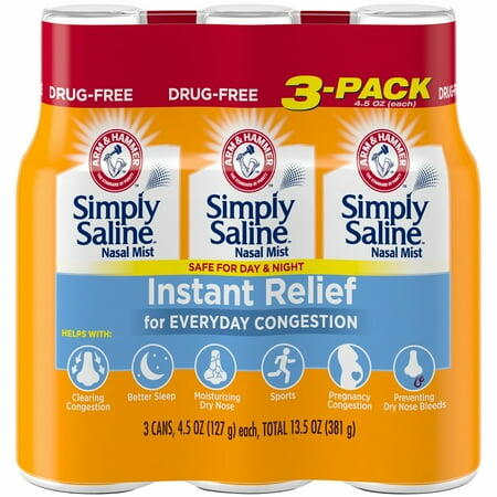 Arm & Hammer Simply Saline Nasal Mist Instant Relief for Everyday Congestion  3 Pack Tray  4.5 Oz