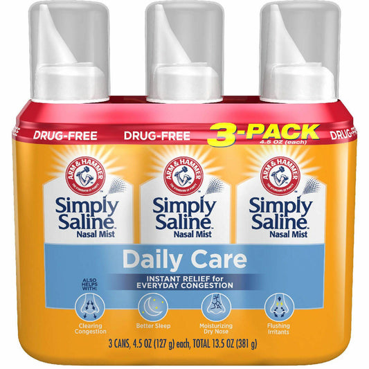 Arm & Hammer Simply Saline Nasal Mist Instant Relief for Everyday Congestion  3 Pack Tray  4.5 Oz