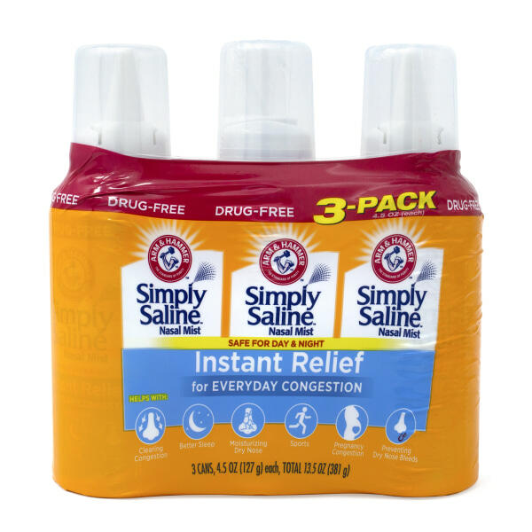 Arm & Hammer Simply Saline Nasal Mist Instant Relief for Everyday Congestion  3 Pack Tray  4.5 Oz