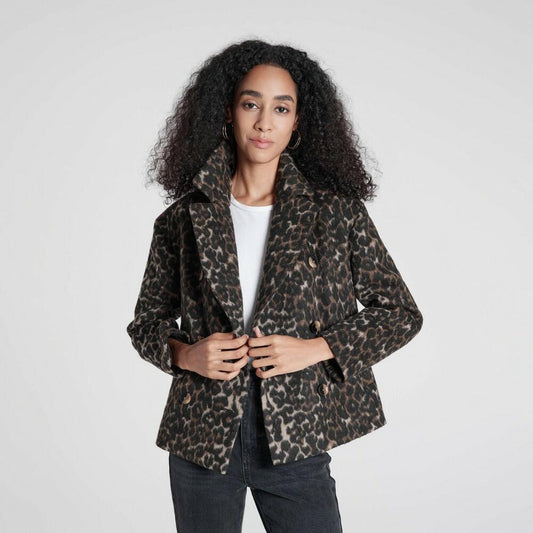Women's Pea Coat - A New Day™ Brown Leopard Print XL