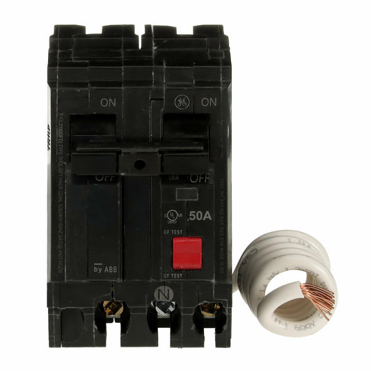 ABB Q-Line® THQL2150GFT2P 50A 240-Volts Double Pole Circuit Breaker • 50 Amp Double Pole Ground Fault Breaker with Self-Test • 120/240 VAC 2-Pole GFCI Breaker • Ground Fault Circuit Interrupter