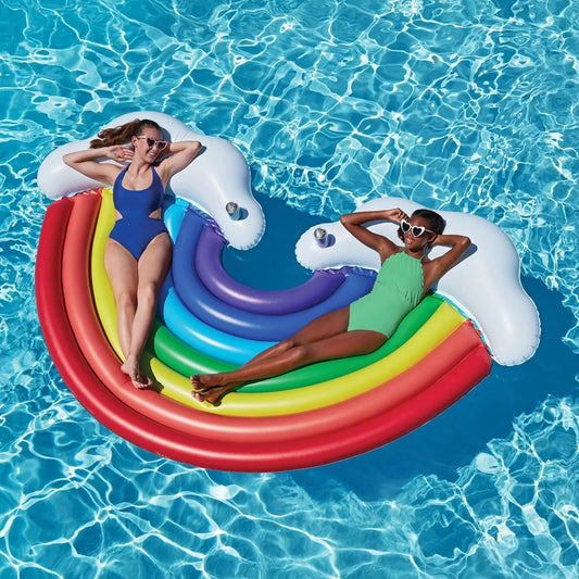 Pool Float | 2 Person Full Size Reclining Rainbow Float w/ Pillows and Cupholders